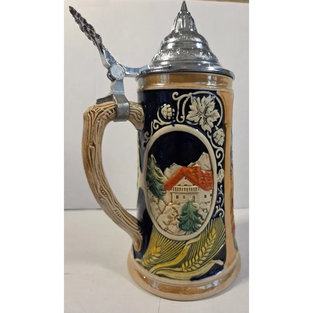 Vintage German Beer Stein Lidded Made‎ in West Germany Pewter Lid Alpine Scene